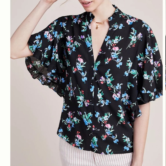 Maeve by Anthropologie Aveiro Flutter-Sleeved Buttondown Blouse - Picture 1 of 15
